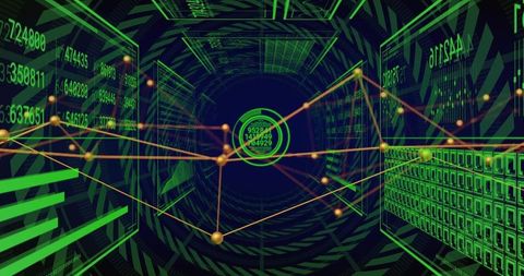 Futuristic Data Tunnel with Streaming Golden Nodes and Numeric Panels