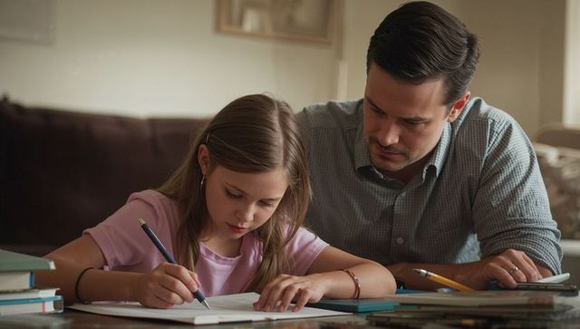 Father tutoring daughter at home leaning over while daughter writing homework and studying