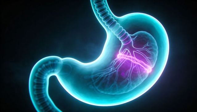 Translucent stomach showing glowing nerves and esophagus with magenta gastric band highlight