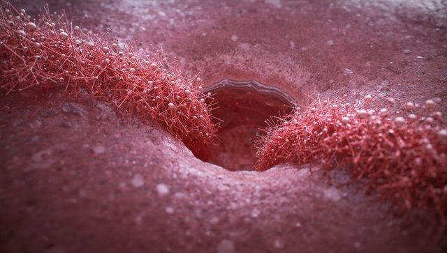 Magnifying central pore revealing filamentous ridges with beaded droplets, macro texture