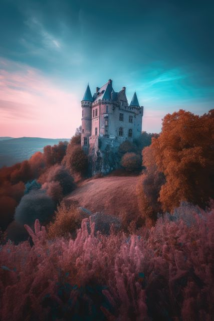 Majestic medieval castle perched on a hill surrounded by vibrant autumn trees during sunset. Enchanting fairytale-like atmosphere perfect for illustrating fantasy themes, historic locations, or serene landscapes. Ideal for use in travel brochures, fantasy storybook covers, and historical magazines.