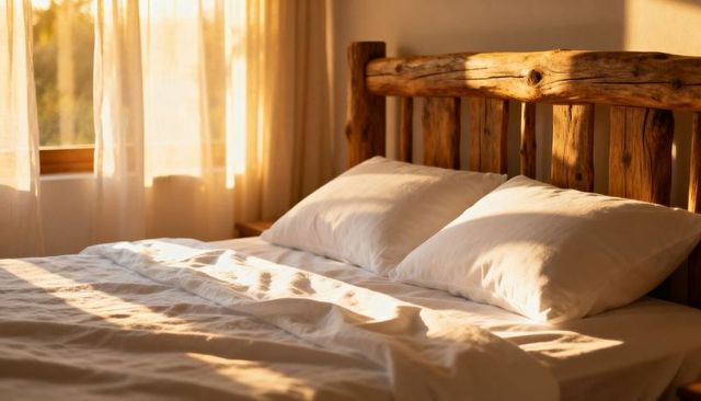 Morning Sunlight Bathing Rustic Wooden Headboard and Rumpled White Bedding in Cozy Bedroom