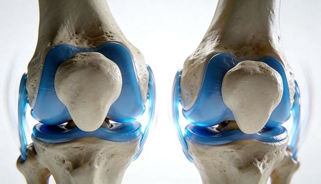 High-detail medical visualization showing double knee joints with glossy blue cartilage