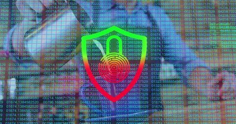 Cybersecurity Shield Overlaying Digital Data with Fingerprint and Padlock