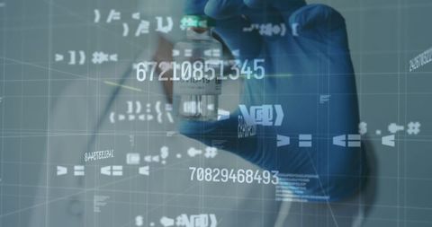 Doctor Analyzing Stock Data Hologram Over Vaccine Vial