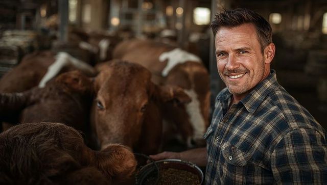 Rural farmer feeding cattle in dimly lit barn