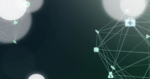 Mint-green network nodes connecting medical and user icons on dark gradient bokeh background