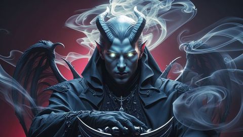 Horned satan in misty hall with chalice and swirling mist