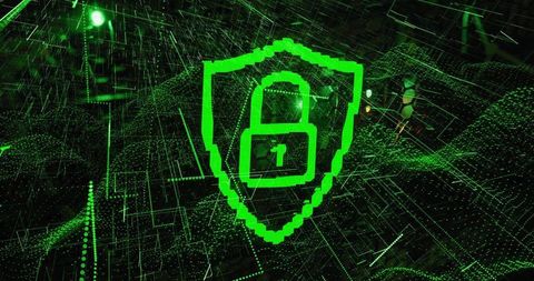 Neon green pixel shield with lock floating in cyber grid for data security and encryption