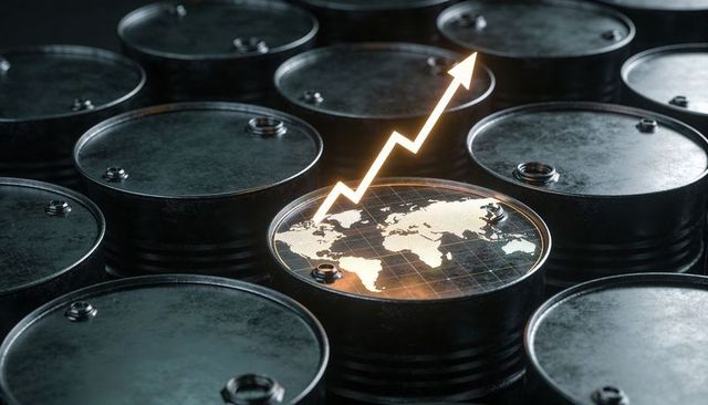 Crude oil price surge concept with world map on steel barrel and rising arrow