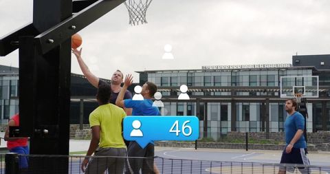 Energetic basketball game with mid-air pass and social interaction icons