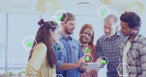 Diverse team collaborating on sustainable business solutions