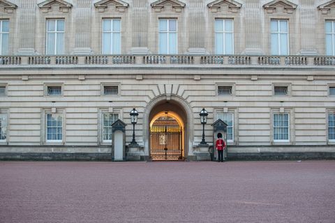 Royal guard stands at buckingham palace entrance