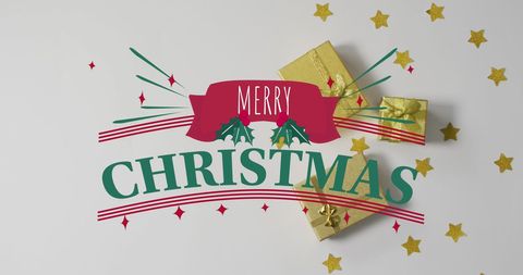 Festive Merry Christmas Message with Stars and Gold Wrapped Gifts Background