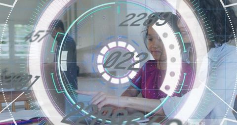 Girl interacting with holographic interface in kitchen environment