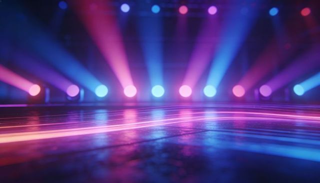 Casting Neon Stage Lighting with Colorful Spotlights and Glossy Reflective Floor