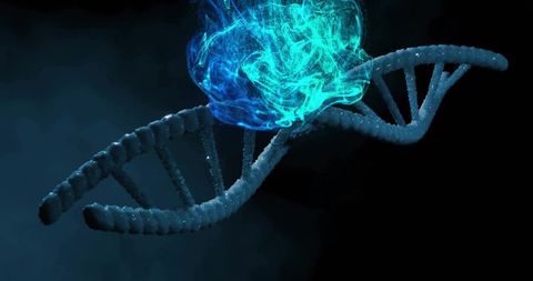 Spiraling dna double helix glowing with teal plasma sphere and neon biomolecular energy