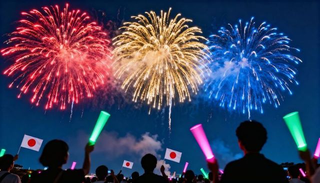 Watching tri-color fireworks over crowd waving japanese flags and neon glow sticks