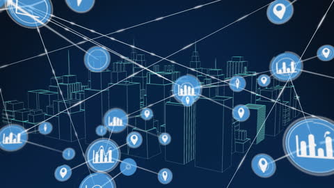 Futuristic City with Digital Grid and Icon Overlays