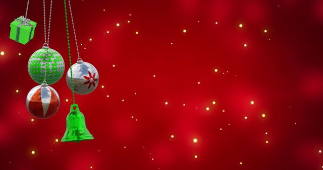 Christmas Baubles and Gift Hanging over Red Twinkling Background - Download Free Stock Images Pikwizard.com