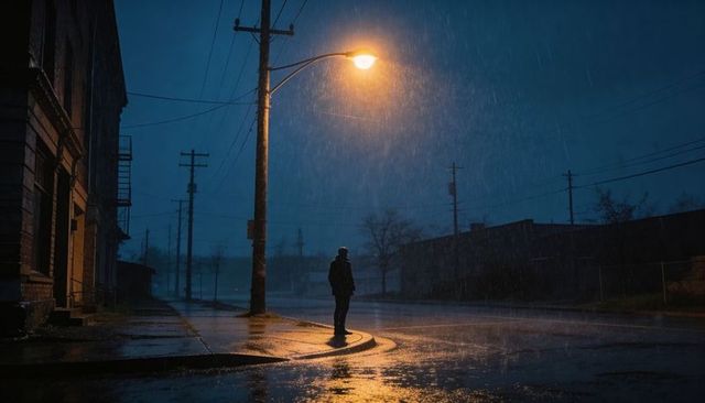 Solitary figure standing beneath glowing streetlamp on rain-swept industrial night street