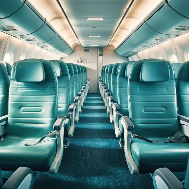 Empty airplane cabin showcasing rows of comfortable teal seats ready for passengers. Useful for themes related to travel, aviation, transportation, and comfort in air travel. Perfect for articles or advertisements about flying, airline service, plane maintenance, and in-flight comfort.