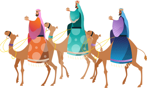 Three wise men on camels in vibrant transparent vector art