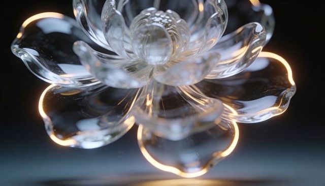 Glowing glass lotus sculpture reflecting warm rim light on dark minimalist studio pedestal
