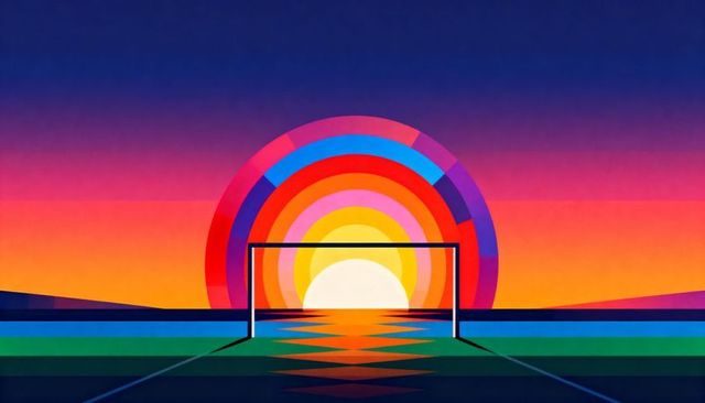 Goal frame aligning with concentric sun rings reflecting over geometric sunset lake
