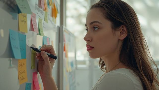 Woman Brainstorming with Sticky Notes on Whiteboard in Meeting