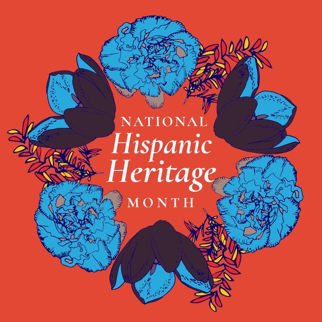 Illustration of national hispanic heritage month text with various flowers on red background. Copy space, vector, hispanic americans, recognition, achievement, contribution and celebration concept.