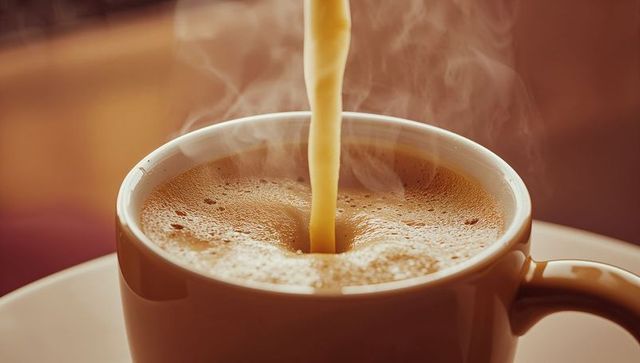 Pouring Hot Coffee with Swirling Froth in Ceramic Cup