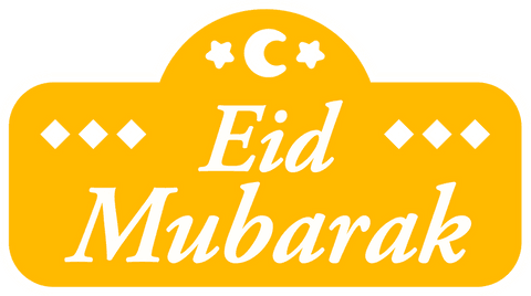 Eid mubarak yellow placard with crescent and stars on transparent background