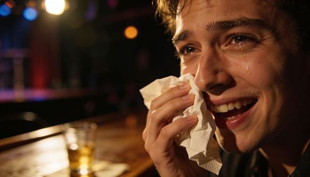 Young man laughing through tears wiping face with napkin in dimly lit bar