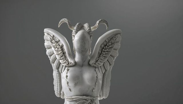 Winged horned marble sculpture on gray background