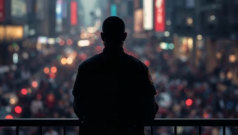 Silhouette police officer overlooking neon urban crowd from balcony at night