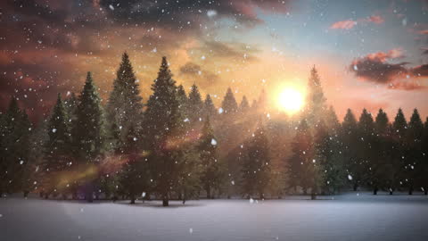 Serene Winter Sunset with Snowfall Over Forest