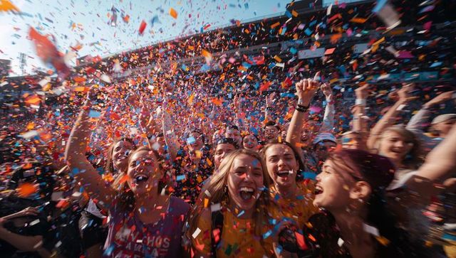 Cheering stadium crowd celebrating with colorful confetti explosion and joyful fans