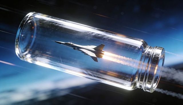 Glass bottle rotating in high-altitude space containing jet fighter with afterburner trail