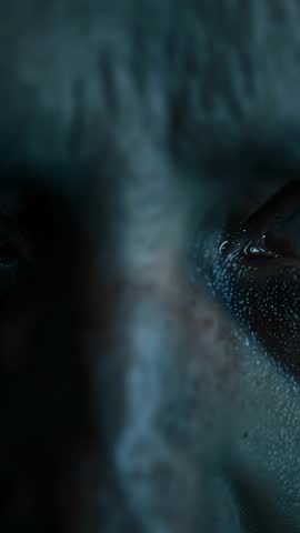 Close-up vertical video showing wet male face blinking, droplet sliding in moody low light