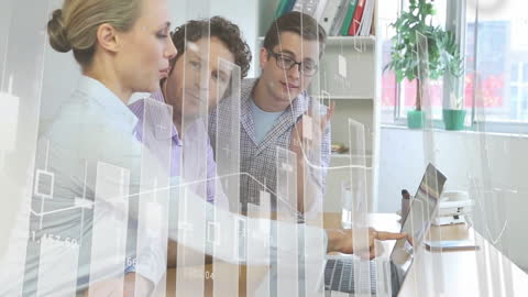 Coworkers Analyzing Business Reports with Digital Graphs Overlay