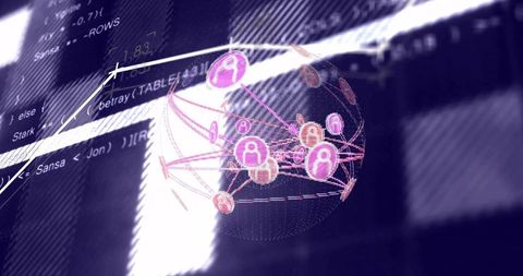 Rotating wireframe globe displaying neon network nodes with user avatars and dashed links