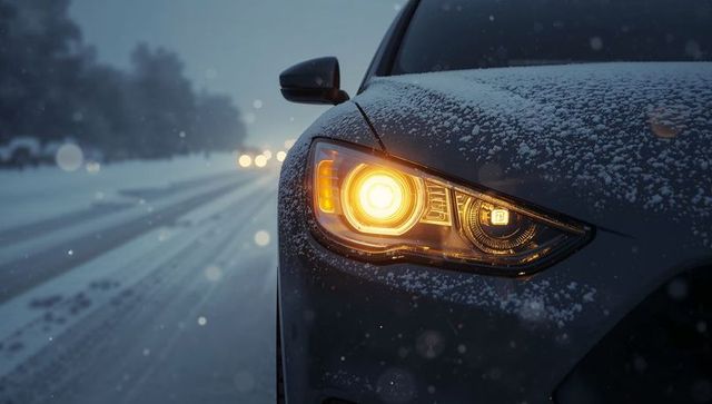 Amber headlight cutting through snowfall on snow-dusted car hood, close-up winter driving