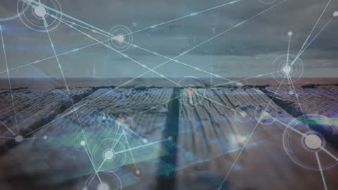 Network Connections Overlay Against Wooden Deck with Sky Backdrop