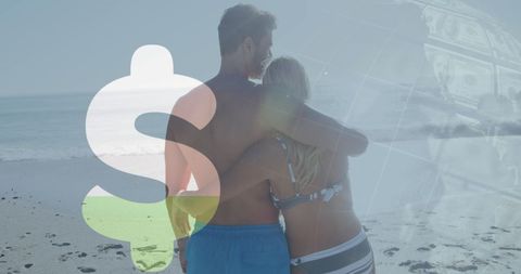 Couple Enjoying Beach Vacation with Financial Data Overlay