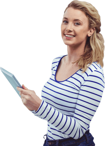 Happy woman using tablet on transparent background
