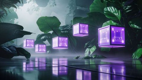 Futuristic Digital Purple Cubes Between Lush Jungle Leaves