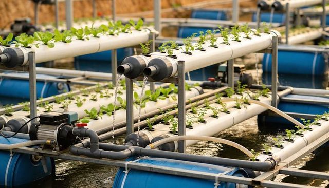 Commercial hydroponic system cultivating seedlings in pvc nutrient channels and barrels