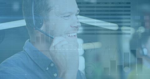 Businessman Analyzing Financial Data with Headset in Office Environment