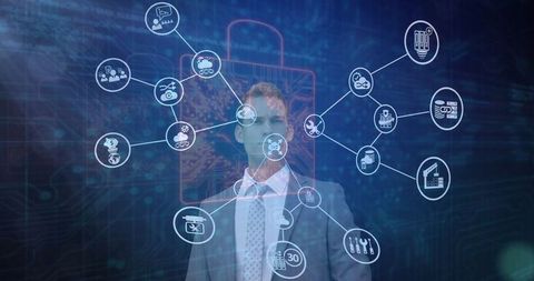 Business executive exploring digital supply network with holographic visualization